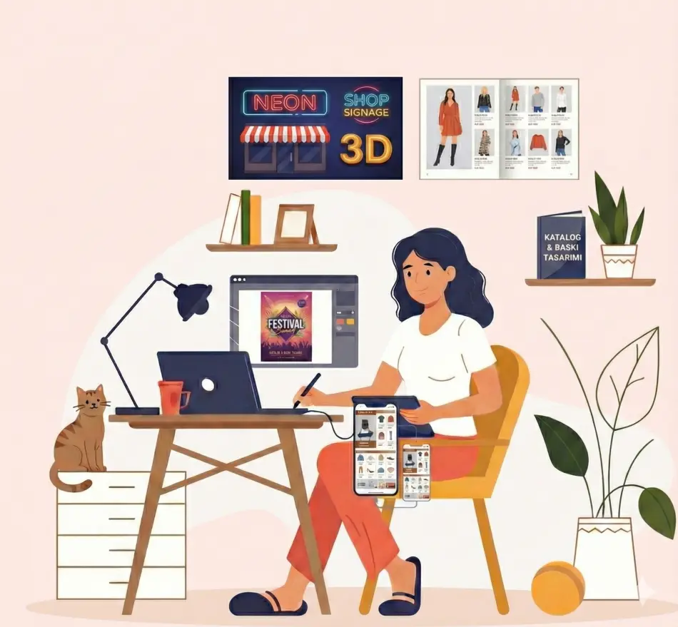 Afiş tasarımı, tabela tasarımı ve katalog tasarımı için çalışan grafik tasarım uzmanları