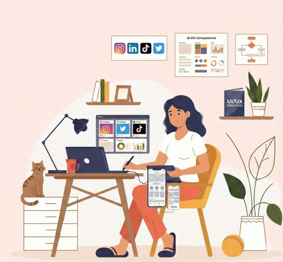 Sosyal medya tasarımı ve UI/UX tasarım hizmetleri için çalışan tasarım uzmanları